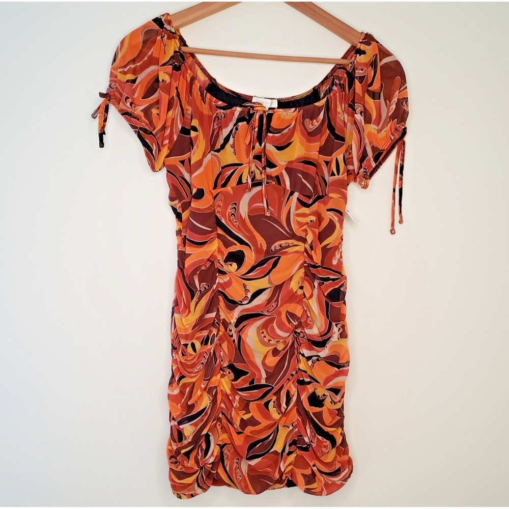 NWT Ultra Flirt Mesh Milkmaid Dress Sz L Ruched Sheer 70s Bodycon Festival Boho‎
